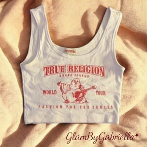 True Religion White Ribbed Crop Tank – World Tour Graphic Y2K